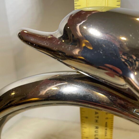 Large Vintage Herco Dolphin Figurine On Wave Decorative Sculpture Chrome Modern - Picture 11 of 12